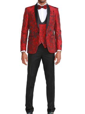 Red Floral Satin Shawl Lapel 3 Piece Fashion Men's Suit